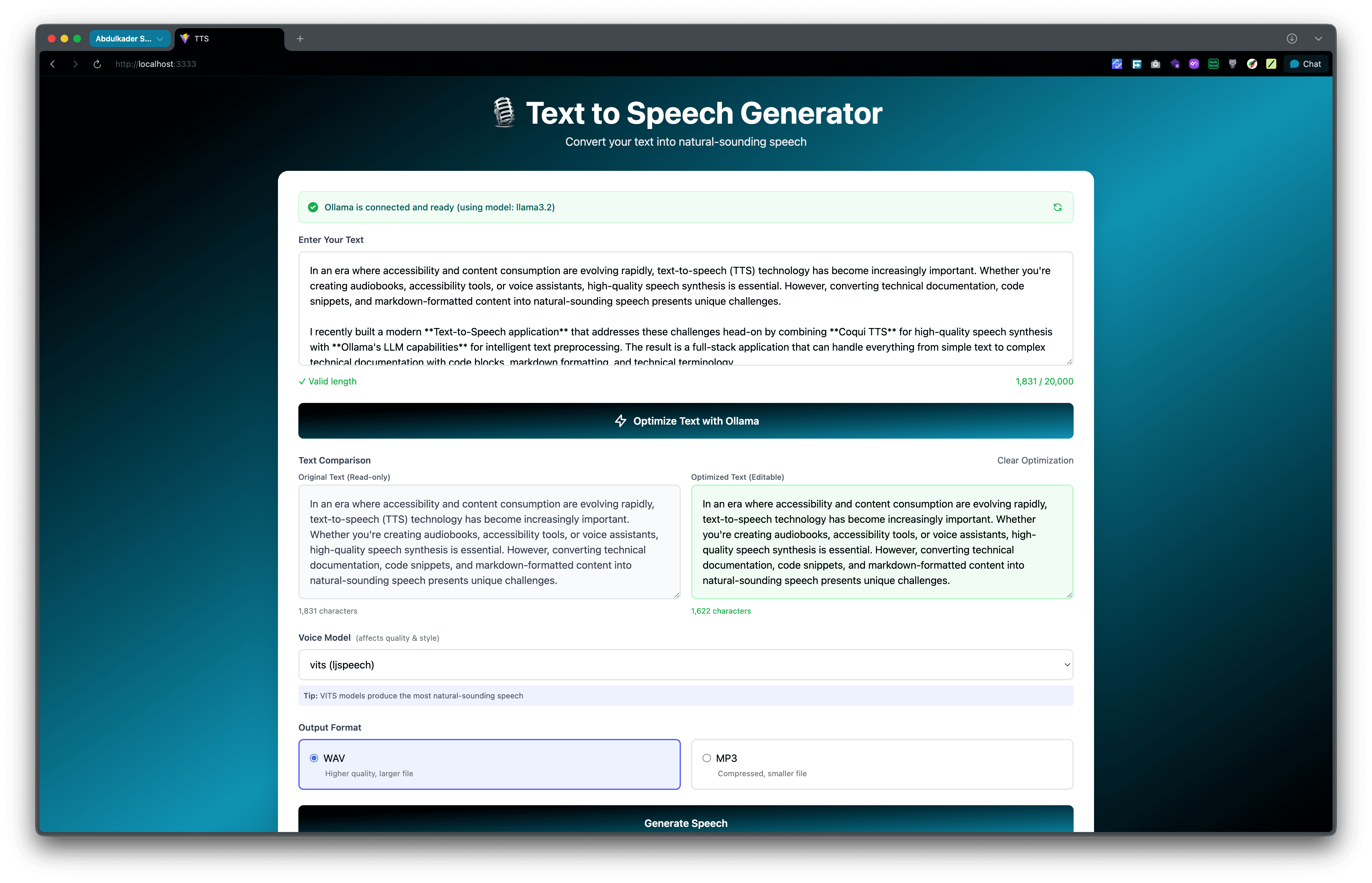 In an era where accessibility and content consumption are evolving rapidly, text-to-speech (TTS) technology has become increasingly important. Whether you're creating audiobooks, accessibility tools, or voice assistants, high-quality speech synthesis is essential. However, converting technical documentation, code snippets, and markdown-formatted content into natural-sounding speech presents unique challenges.  I recently built a modern Text-to-Speech application that addresses these challenges head-on by combining Coqui TTS for high-quality speech synthesis with Ollama's LLM capabilities for intelligent text preprocessing. The result is a full-stack application that can handle everything from simple text to complex technical documentation with code blocks, markdown formatting, and technical terminology.  In this article, I'll walk you through the architecture, implementation details, and key learnings from building this project.
