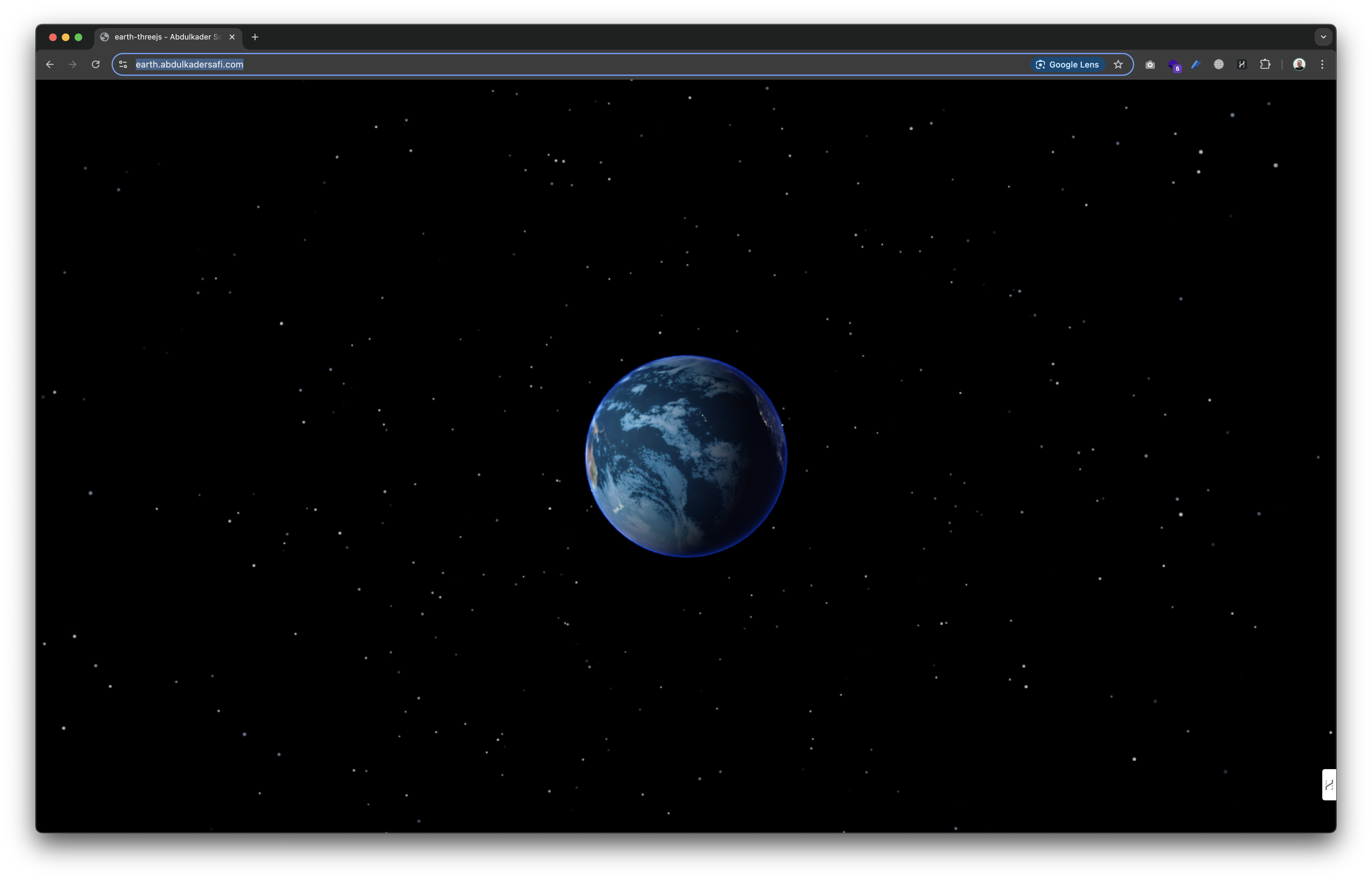 https://earth.abdulkadersafi.com/ --- This is a test project built using Three.js to experiment with 3D rendering in the browser. The main focus? Rendering a realistic 3D Earth with smooth animations, dynamic lighting, and interactive camera controls.