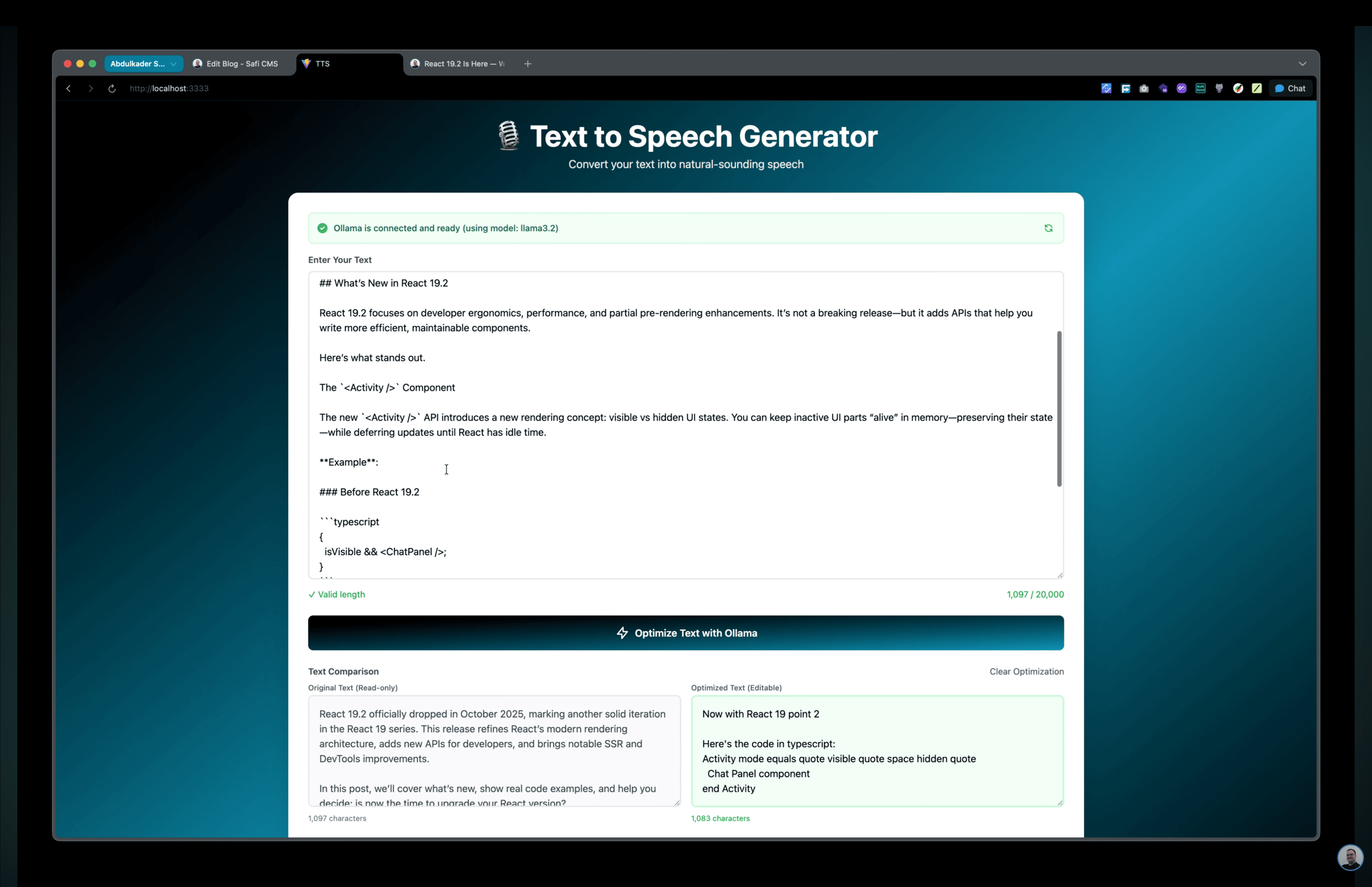 Modern Text-to-Speech Application with AI-Powered Text Optimization
