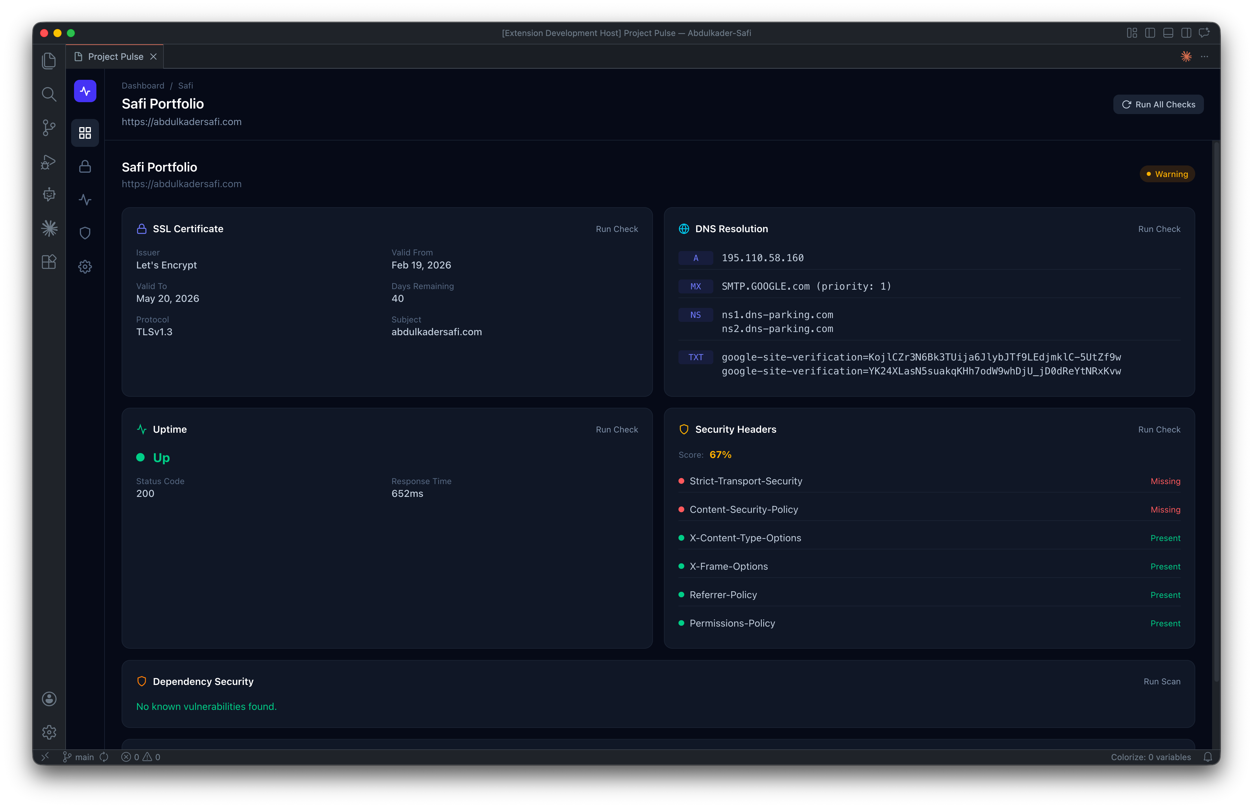 Project Pulse: Health Monitoring for VS Code screenshot