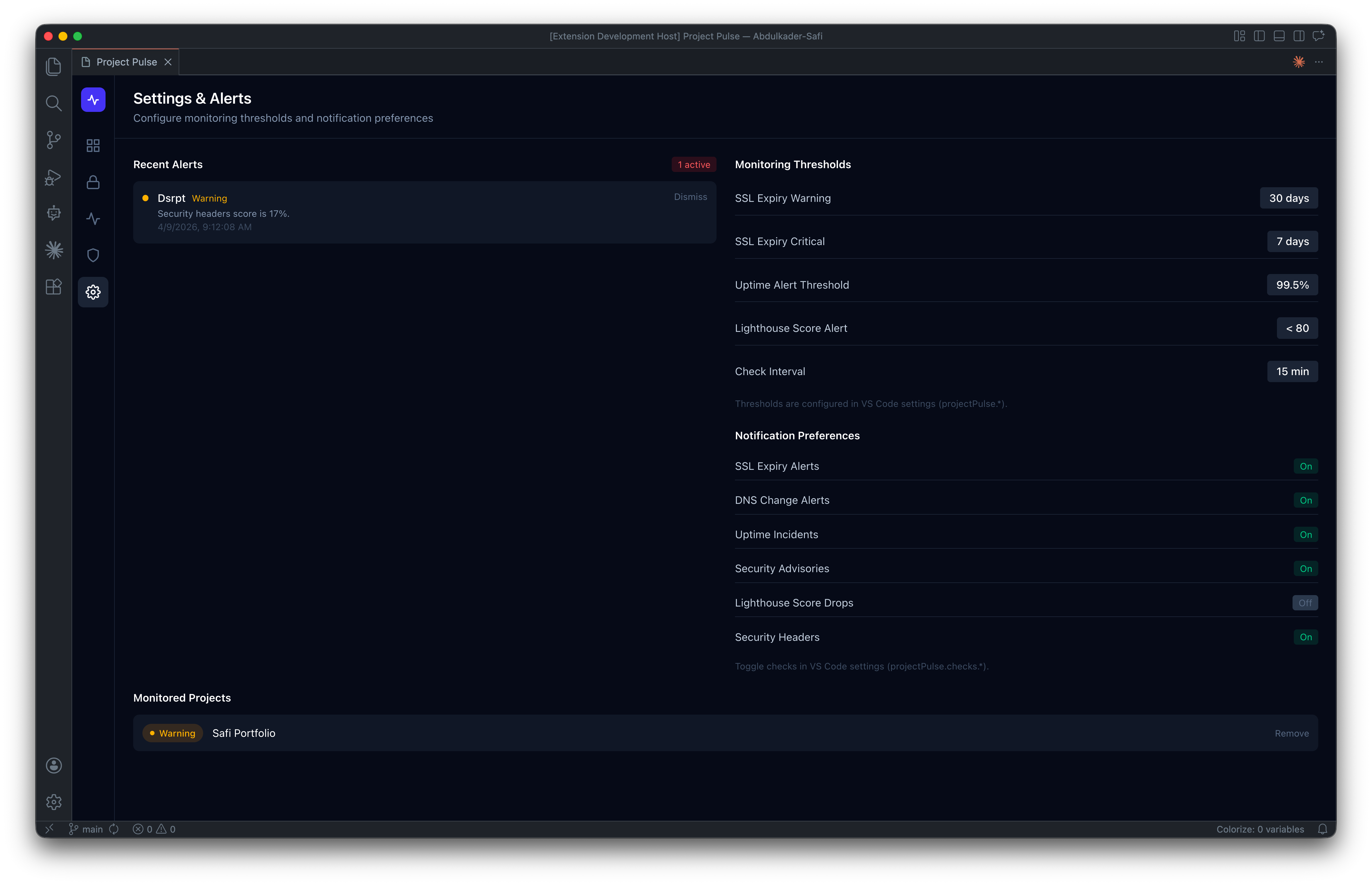 Project Pulse: Health Monitoring for VS Code screenshot