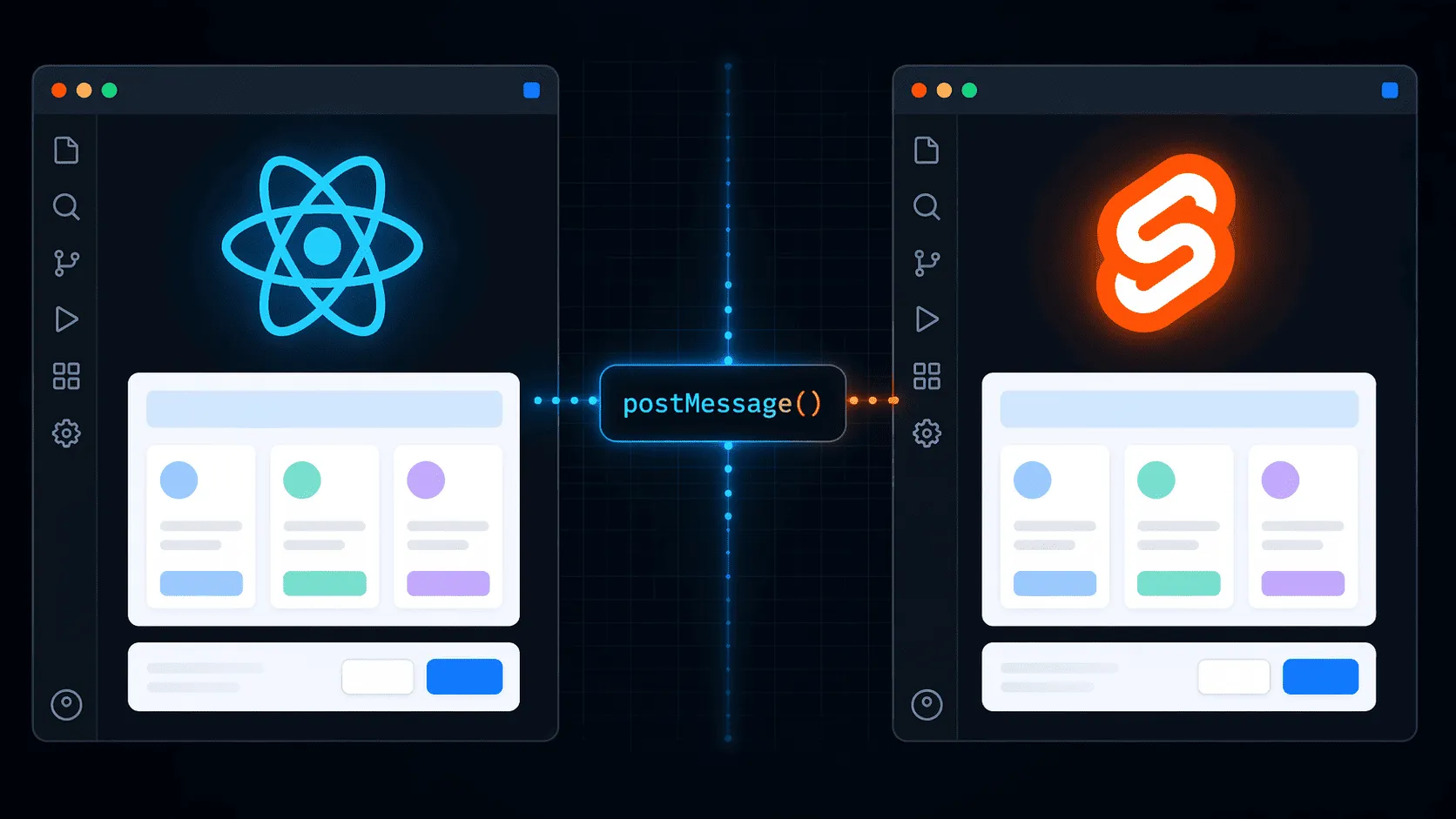 Split screen showing a VS Code extension webview built with React on one side and Svelte on the other, both styled with TailwindCSS