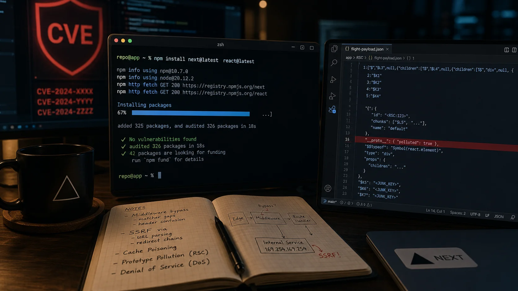 A terminal showing a Next.js security patch upgrade alongside a code editor with the React Flight protocol payload that triggered the denial-of-service CVE
