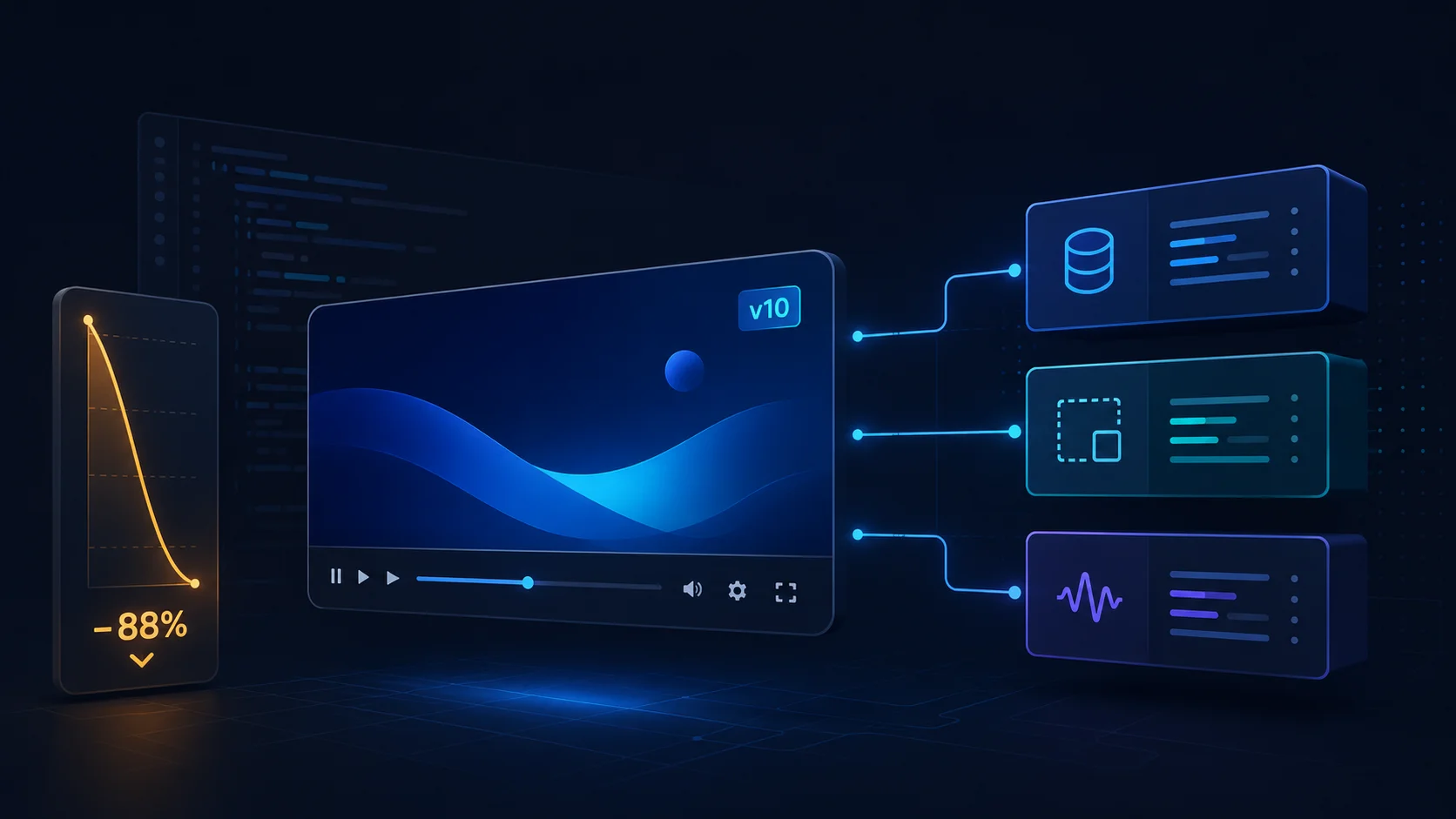 Video.js v10 beta player UI showing the new composable component architecture and smaller bundle size