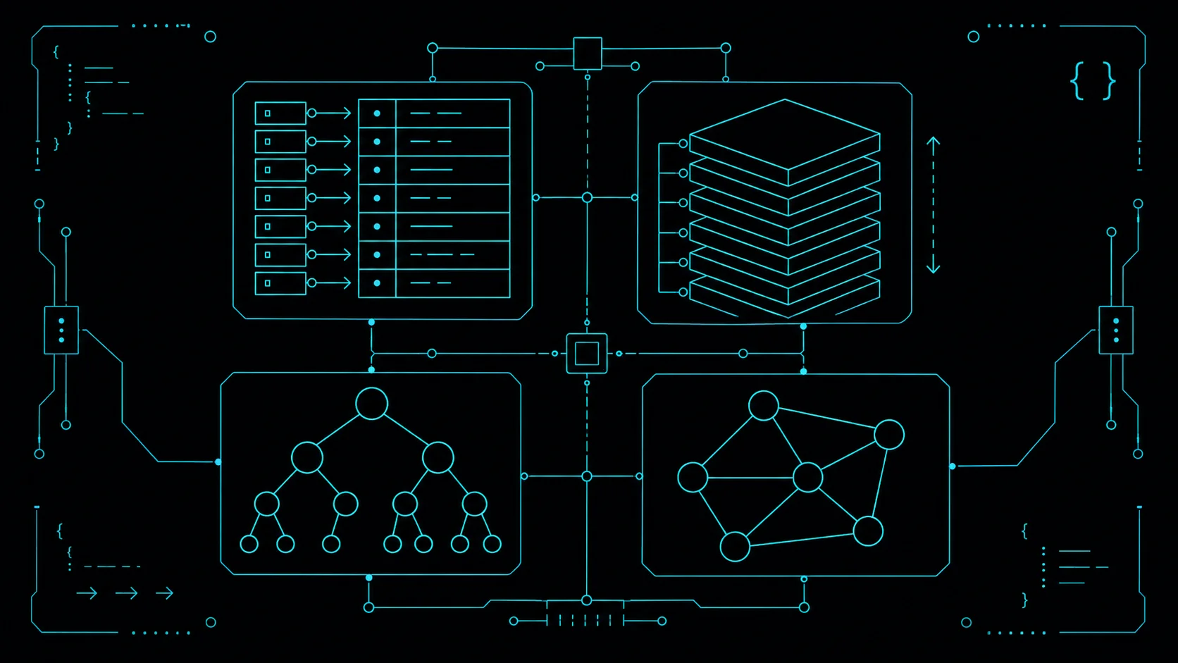 Terminal-style diagram showing data structures like hash maps, trees, and queues wired into a real software project