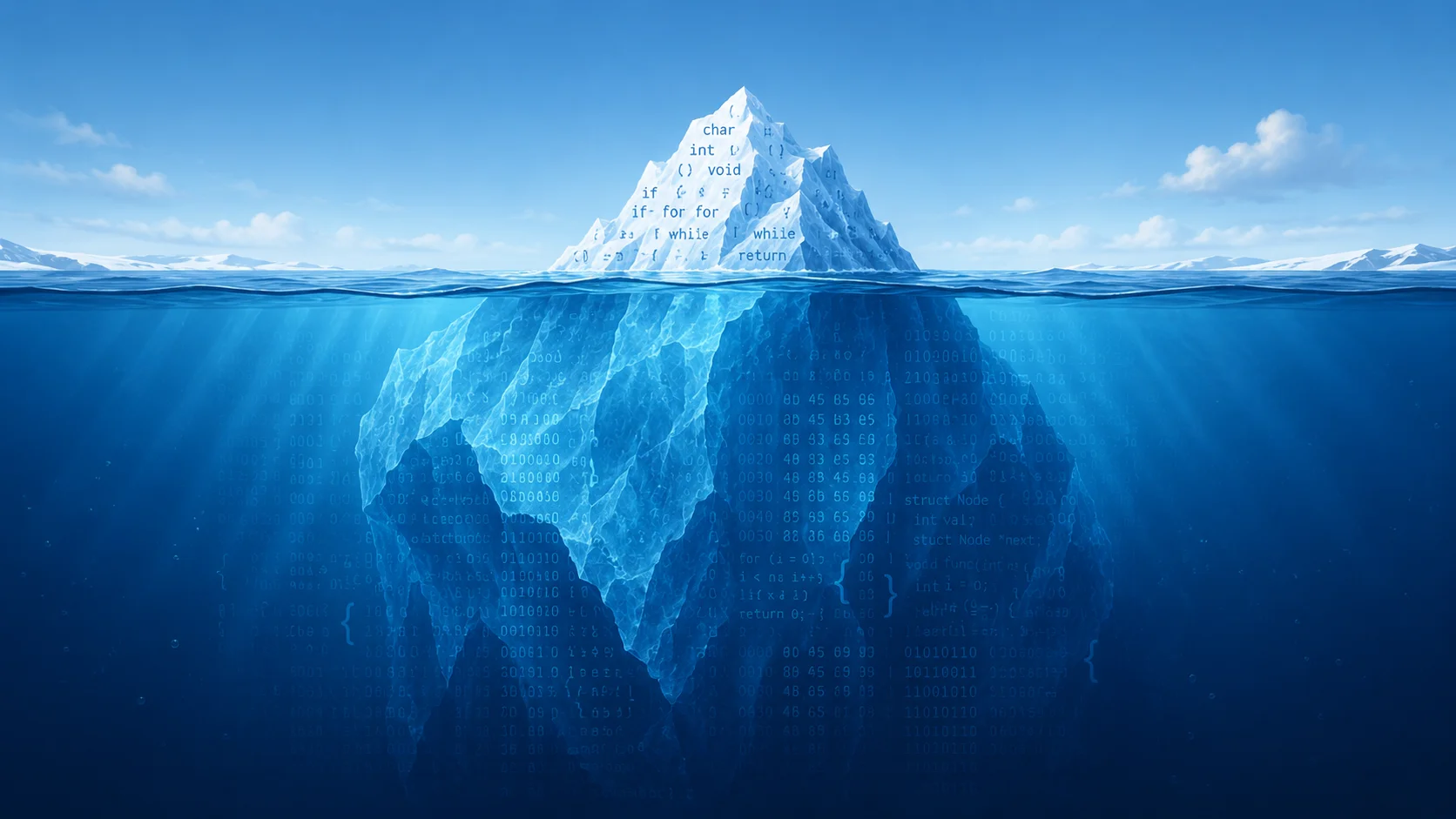 Dark terminal showing C pointer and array code with an iceberg motif