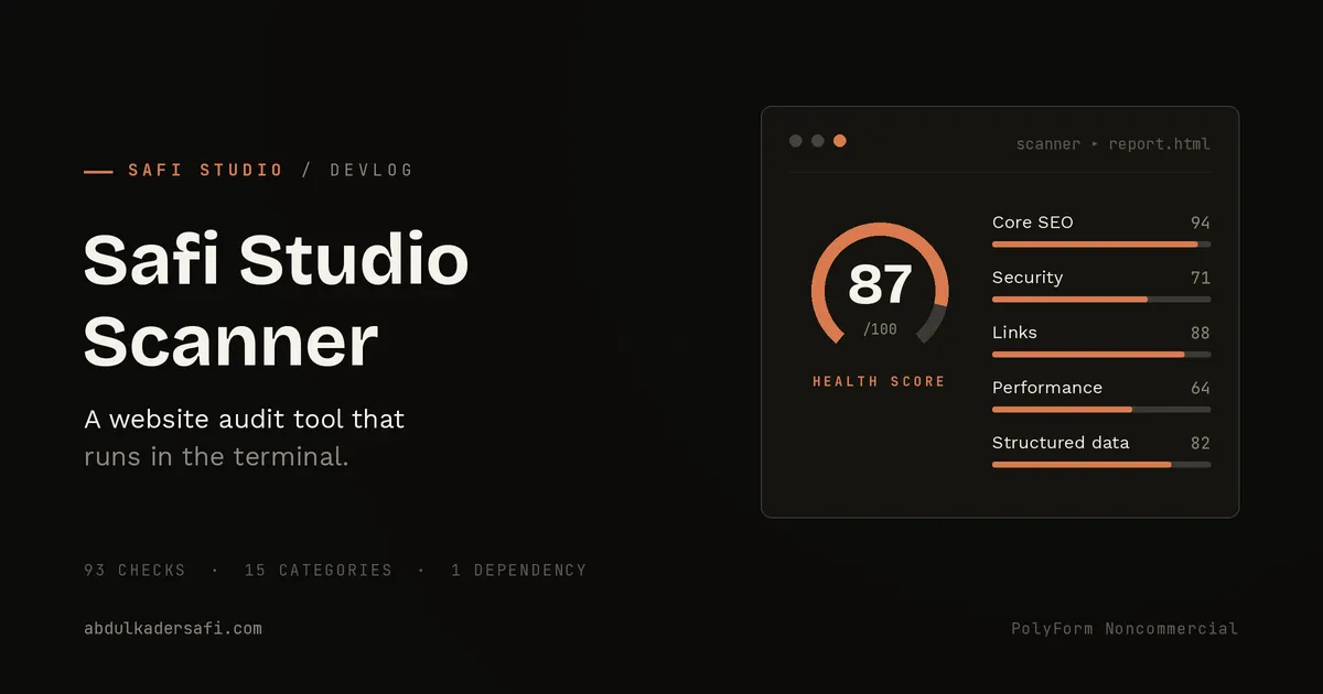 Safi Studio Scanner terminal report showing a website health score and audit categories