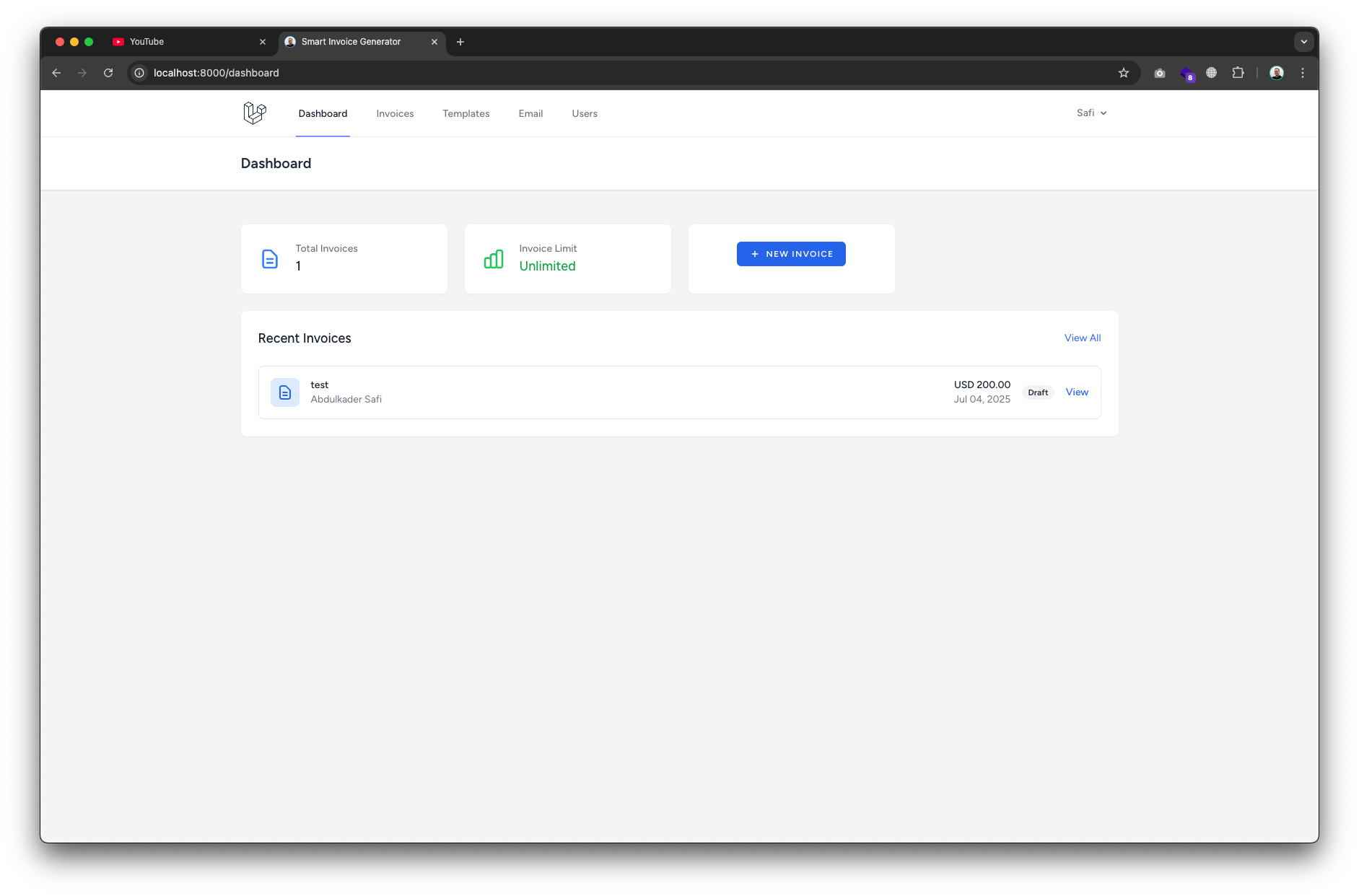 A custom invoice generator built with Laravel. Users can create, preview, and send invoices as PDFs using pre-made or custom-designed templates. Includes role-based access, SMTP support, and full invoice history tracking.