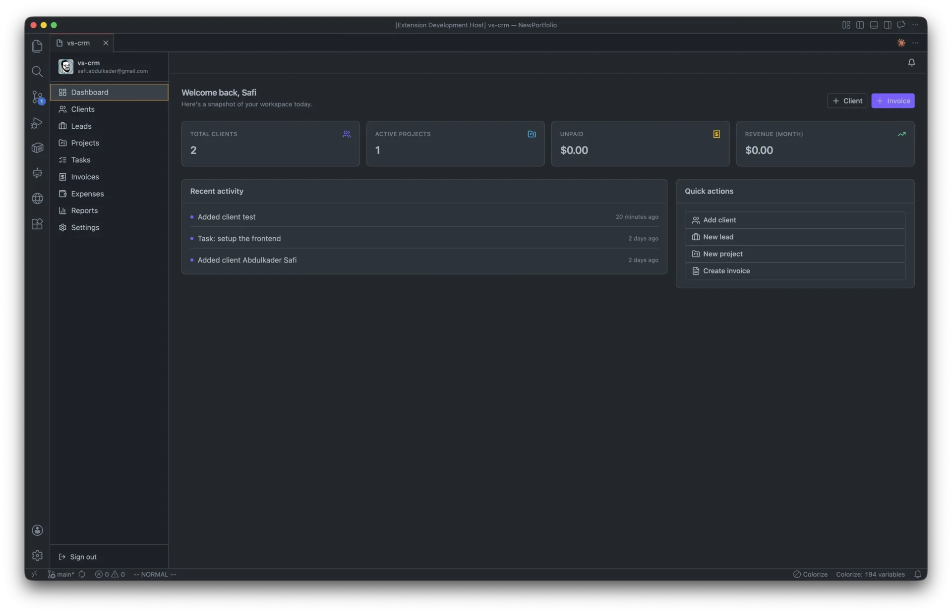 VS-CRM: A self-hosted CRM that runs inside VS Code, on a database you own